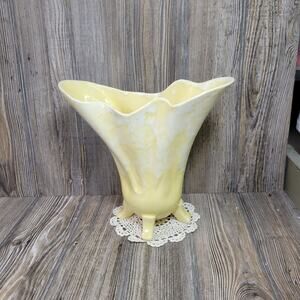 Vintage Brush Pottery USA 923 Yellow Drip Glaze Footed Large Flared Vase McCoy